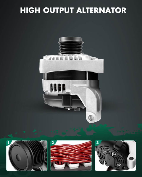 Beefy 140 Amp 12V High Output Alternator Replacement For 2001 Through 2007 Dodge Town And Country Voyager Grand Caravan 3.3L 3.8L Engines CW Rotation 6 Groove Pulley 4210000011 13871 Fits 12V Electrical System viewed from the side showing design features.