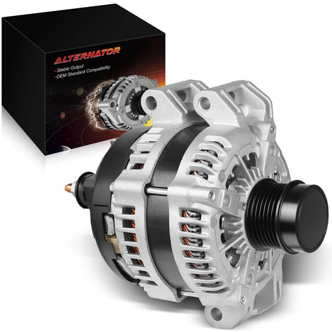 Front view of 3.6L V6 High Output Alternator Replacement 180Amp For Dodge Durango Charger Challenger Ram 1500 Jeep Grand Cherokee Chrysler 300 2011-2021 OE 4801778AF Built Tough For Stable Electrical Power with box