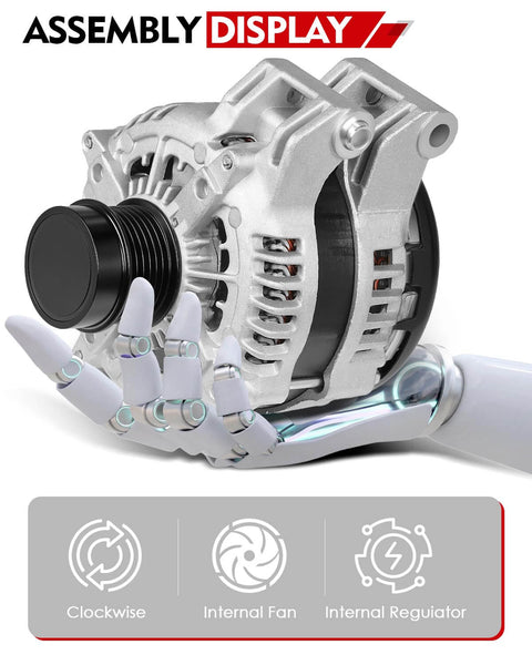 3.6L V6 High Output Alternator Replacement 180Amp For Dodge Durango Charger Challenger Ram 1500 Jeep Grand Cherokee Chrysler 300 2011-2021 OE 4801778AF Built Tough For Stable Electrical Power displayed on a robotic hand.