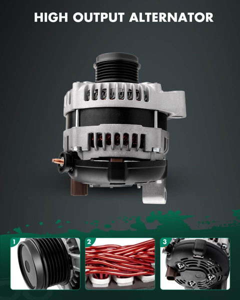 High Output 160 Amp 12V Alternator Replacement For Dodge Grand Caravan Town And Country Voyager 2001-2007 3.3L 3.8L With 6 Groove Pulley 13870N 421000-0021 421000-0023, front and details