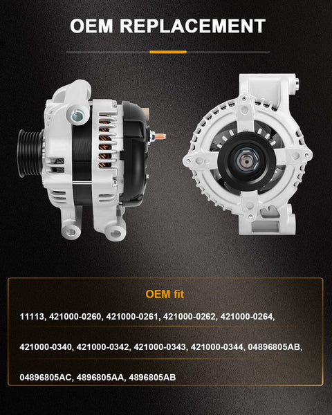Front and side view of High Output Alternator Replacement For 2005 To 2007 Chrysler 300 2006 To 2007 Dodge Charger And 2005 To 2007 Dodge Magnum Easy Install Durable Auto Part 11113 Built For Reliable Starts And Smooth Charging