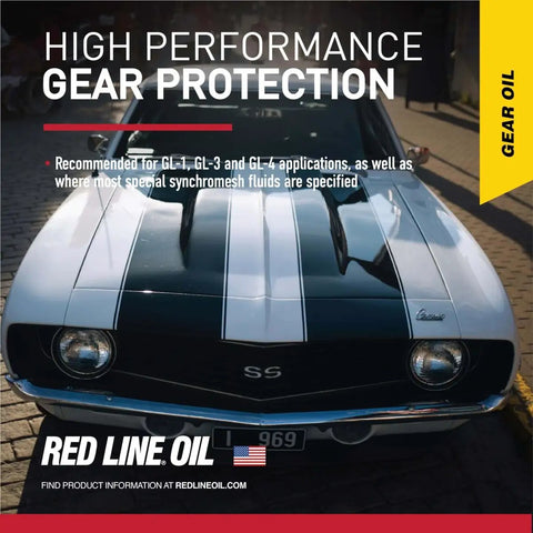 Classic car with 'Red Line MT 90 75W 90 GL 4 Manual Transmission And Transaxle Lubricant MTL Two Pack' branding displayed.