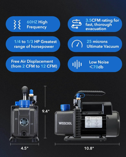 High Performance 3.5 CFM Vacuum Pump for HVAC Systems with 1/4 HP 110V, side view showing dimensions and key features on display