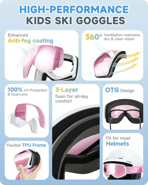 High-performance kids ski goggles with anti-fog UV400 protection, flexible TPU frame, and 3-layer foam for comfort, suitable for helmets.