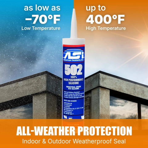 Tube of industrial grade silicone sealant with all-weather protection features, showing low and high temperature endurance.