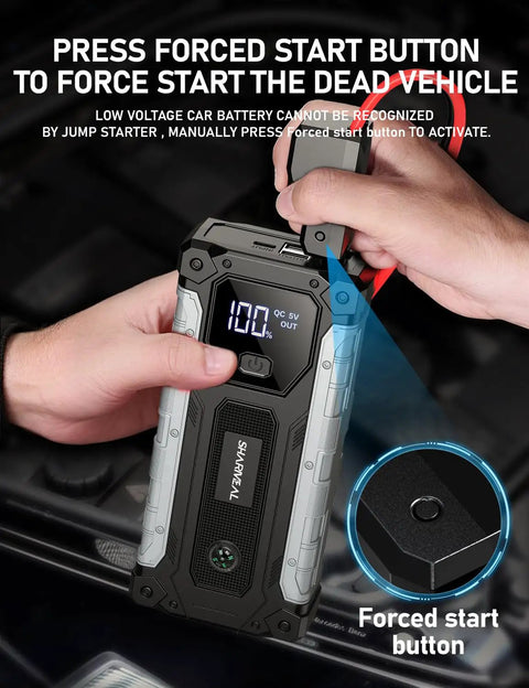 Person holding High Power 5000A Car Jump Starter Lithium Battery Pack For 10.0L Gas And 9.0L Diesel Engines with display.
