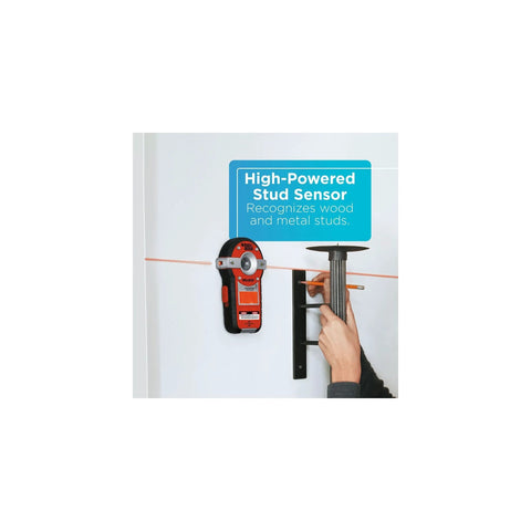 Two in one line laser with auto leveling and stud finder delivers precise wall hanging for frames, shelves, and decor, shown in use.