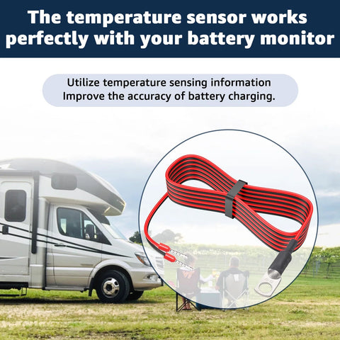Temperature sensor replacement cable for Victron Energy, red/black flat ribbon wire with ring terminals