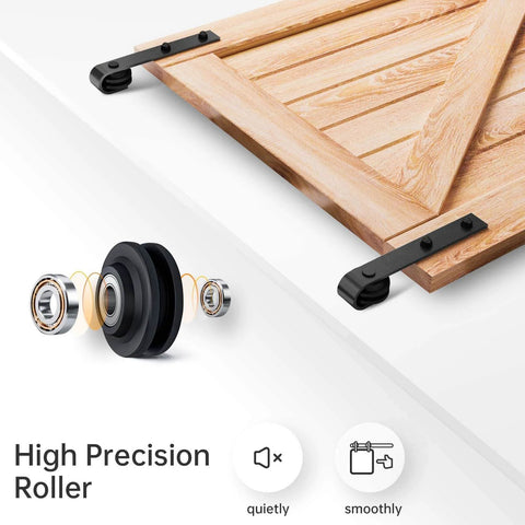 6FT Double Door Sliding Barn Door Hardware Track Kit showing high-precision rollers and wooden barn door with J pulley system