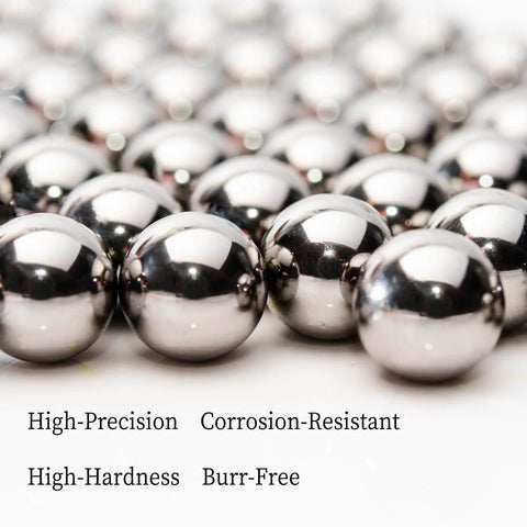 Close-up of high-precision, corrosion-resistant steel balls, reflecting light. High-hardness and burr-free surfaces visible.