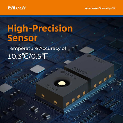 Elitech USB temperature data logger with two external sensor modules on blue circuit board; orange Elitech banner.