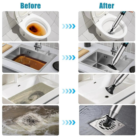 Before and after clogs clear in toilets, sinks, tubs, and drains using High Pressure Air Drain Blaster Toilet Plunger For Clogs Quickly Clears