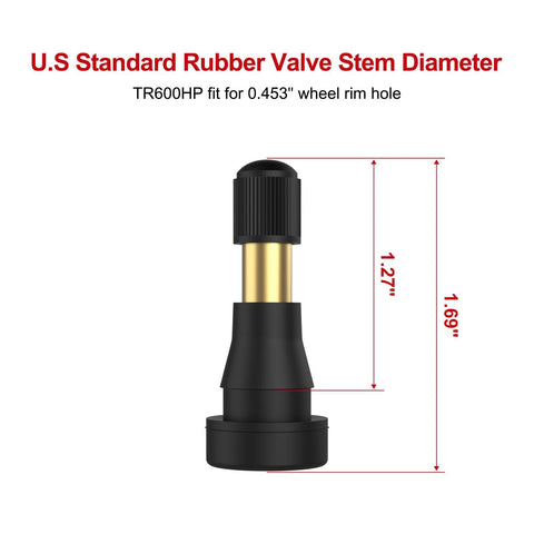 SunSoul TR600HP high-pressure brass tire valve stem with EPDM rubber; fits 0.453 in rim holes; black body with gold stem.