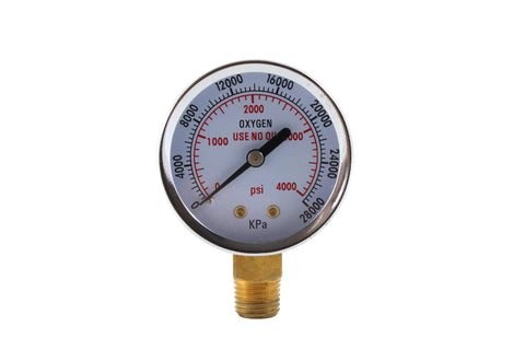 SÜA high-pressure oxygen gauge, 2-inch dial, brass threaded outlet, for regulators.