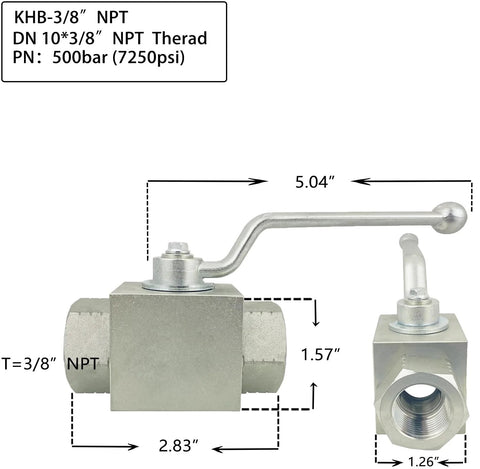 Autovo hydraulic ball valve 3/8 in NPT, two-way shut-off, high-pressure 7250 psi, metallic silver