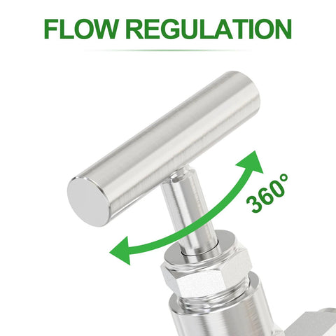 Close-up of High Pressure 304 Stainless Steel Needle Valve One Quarter Inch NPT Female To One Quarter Inch Tube OD for flow regulation.