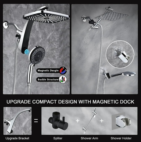 High Pressure Rain Shower Head With Magnetic Detachable Handheld Combo, showing magnetic docking and shower components.