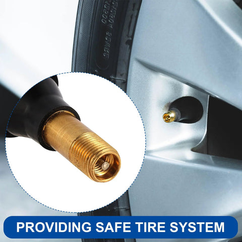 Brass ST Shengtuo TR600HP snap-in high-pressure tire valve stem installed in alloy wheel, 1.71 in long