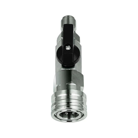 Chrome ball valve for high-pressure washer hose, black lever handle, 1/4 NPT quick-connect