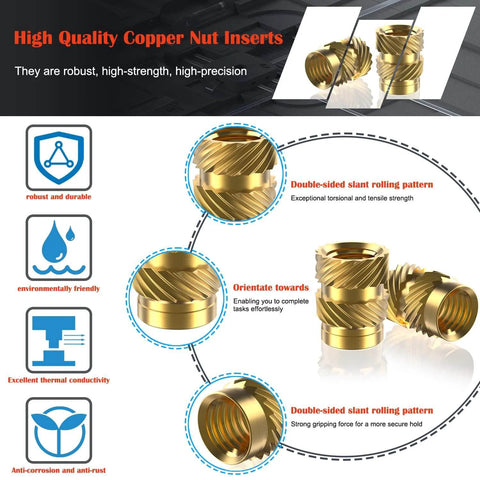 Image of high-quality copper nut inserts with double-sided slant rolling pattern, part of the 400Pcs Threaded Inserts, M2 M2.5 M3 M4 M5 M6 Assortment Kit.
