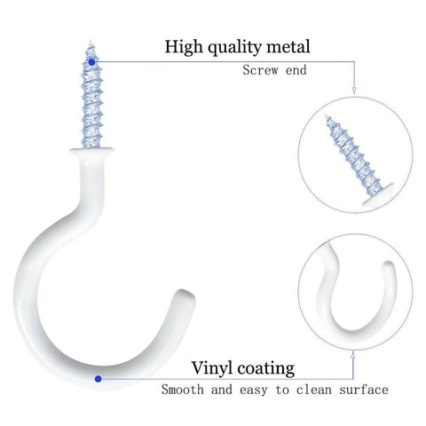 White vinyl-coated metal screw hook with labels showing high quality screw end and smooth surface.