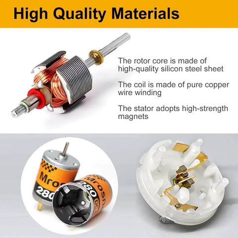 6Pcs 280 Micro DC Motors 3V-12V 13500RPM 0.5A with 2.8mm Insulated Connector & 6inch 20AWG Wire for RC Boat, DIY Airplane, Model Toys, 12V DC Motor Compatible, showing high-quality materials like silicon steel sheet, pure copper coil, and high-strength magnets.