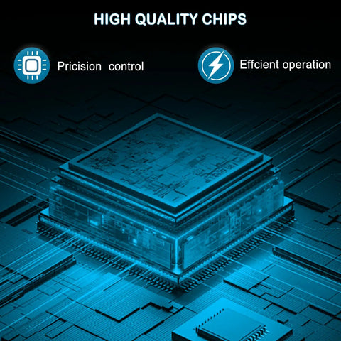 Illustration of a digital circuit board emphasizing high quality chips, precision control, and efficient operation.