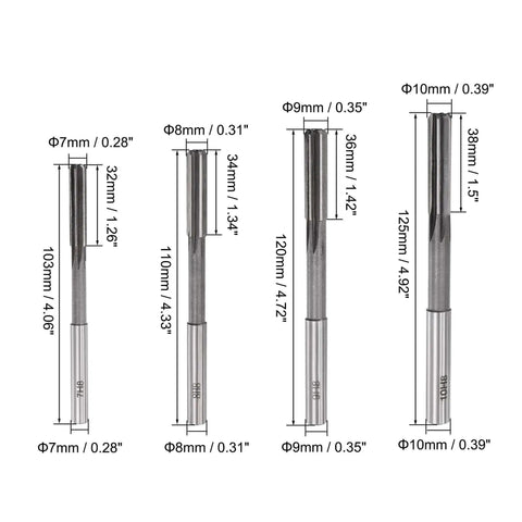 Chucking Reamer Set for Lathe Machine 2mm 3mm 4mm 5mm 6mm 7mm 8mm 9mm 10mm High Speed Steel HSS Straight Flute Reamers with H8 Tolerance 9 Piece Set for Precision Milling and Drilling displaying reamer sizes from 7mm to 10mm.