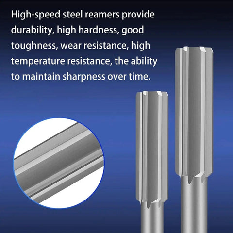 Close-up of Chucking Reamer Set for Lathe Machines with High Speed Steel Round Shank H7 Straight Flutes next to product features.