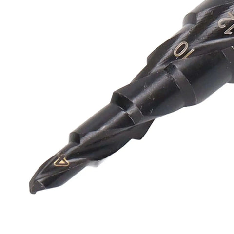 Close-up of Pro Grade 10 Step High Speed Steel Step Drill Bit Set With Hex Shank For Metalworking, Pagoda Spiral Reamer, slip resistant tip