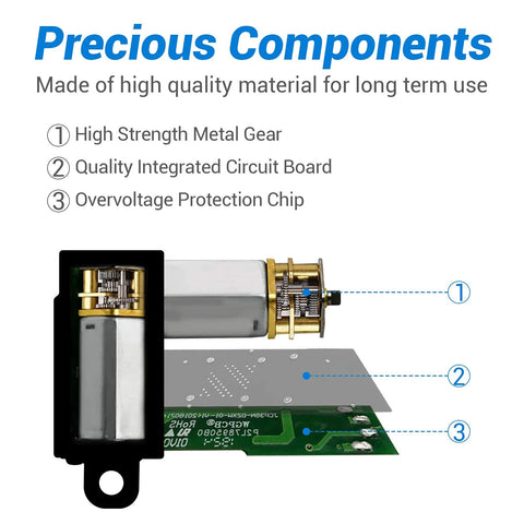 Close-up of 12V Micro Linear Actuator With 2 Inch Stroke And 64N Load showing high strength metal gear and circuit board components.