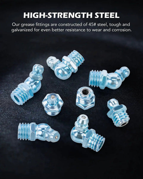 All In One 150 Piece Metric Grease Fittings Kit With M6 M10 Straight And 45 Degree And 90 Degree Angled Hydraulic Zerk Assortment In Galvanized Steel For Replacing Missing Or Broken Nipples In Automotive And Industrial Use ZELCAN high-strength steel fittings displayed on dark background