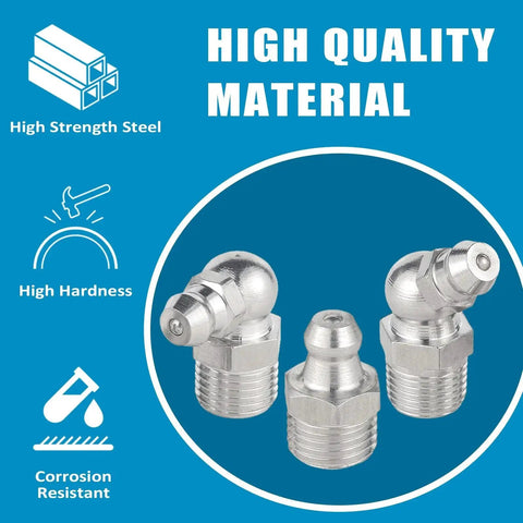 Close-up of high-quality steel fittings from 315 Piece SAE And Metric Grease Fittings Assortment Kit, corrosion resistant.