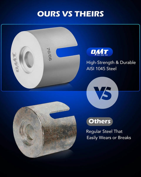 Comparison of durable AISI 1045 steel sleeve in Bushing Press Kit vs regular steel showing product strength.