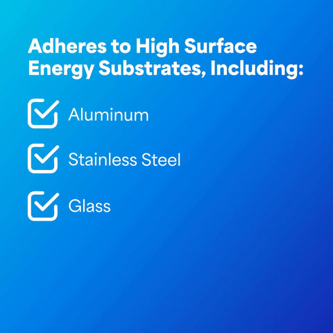 Text showing adherence to aluminum, stainless steel, and glass surfaces for Sticks Like Crazy High Temp Dark Gray Double Sided Foam Tape 4611.