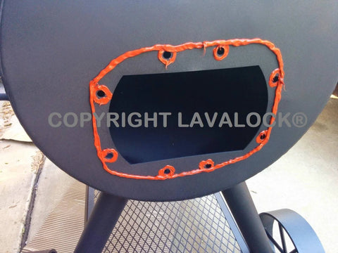 Grill with Grillin Ready High Temp BBQ Smoker Gasket Sealer RTV Adhesive applied in red, highlighting sealing use.