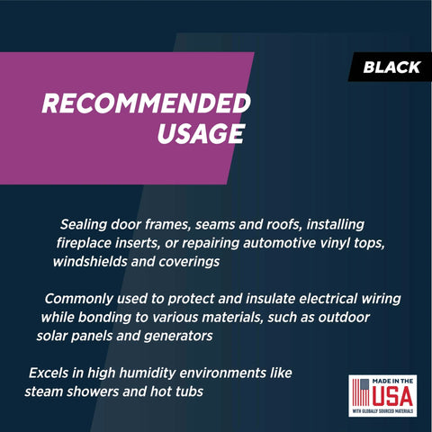 Recommended uses for 600 Degree Fahrenheit High Temperature RTV Silicone Sealant Black USA Made for various materials.