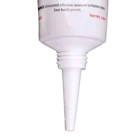 Close-up of 2.8 oz tube nozzle of High Heat RTV Sealant And Automotive Adhesive For Heat Tabs, Gaskets, Industrial Grade Silicone