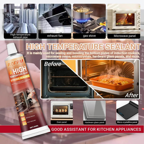 High Temp Silicone Adhesive Sealant For Ovens, Microwaves, Grills And Stoves packaging and application examples.