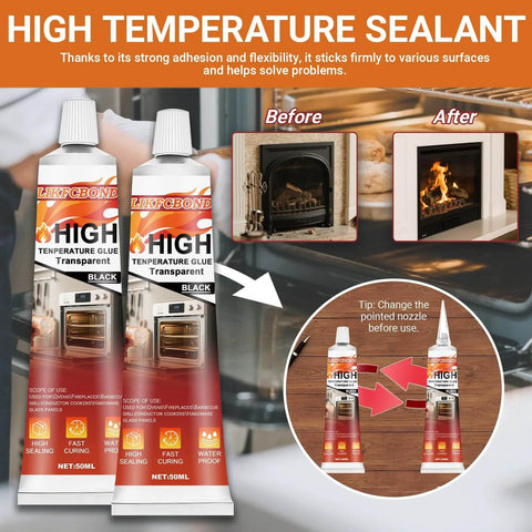 High Temperature Silicone Sealant 3.38 Fl Oz RTV Adhesive Black Heat Resistant Glue For Oven Microwave Grill And High Heat Surfaces Ideal For Kitchen Repairs And Oven Seals shown with usage instructions.