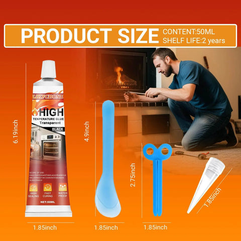 High Temperature Silicone Sealant 3.38 Fl Oz RTV Adhesive Black Heat Resistant Glue For Oven Microwave Grill And High Heat Surfaces Ideal For Kitchen Repairs And Oven Seals with applicator tools and user in background.