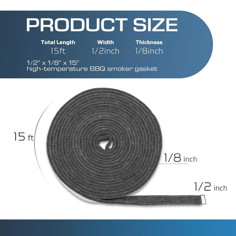 Smoker gasket roll, 15 ft long, 1/2 in wide, 1/8 in thick, self-adhesive, dark gray.