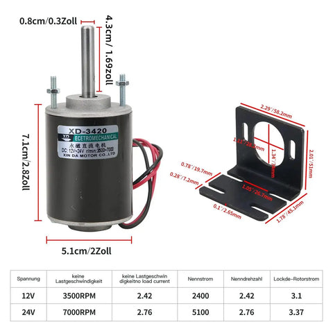 High Torque DC Motor 12V/24V Permanent Magnet CW CCW 30W 3500/7000 RPM with mounting bracket, dimensions included