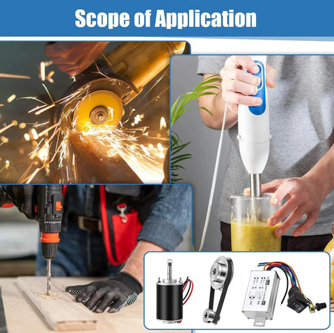 Image showing applications of the 4 Pack High Torque Dc Motor, 3500-7000 RPM, 12 V/24 V Permanent Magnet, Gt2 Synchronous Wheel 8mm Bore Aluminum Timing Pulley with Belt, Dc Motor Speed Controller (with Screw Thread) used in cutting, blending, and drilling.