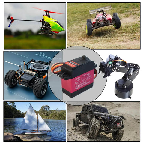 2 Pack High Torque 40KG Digital Servo, DS3240MG Full Metal Stainless Steel Gear Waterproof Steering RC Servo, surrounded by RC vehicles and a robot arm.