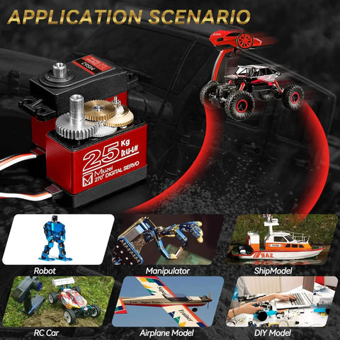2Pcs 25KG High Torque RC Servo, Waterproof Servo Motor Compatible with 1/8, 1/10 RC Car, Full Metal Gear Steering Servo with 25T Servo Horn（270°） in use with various models.