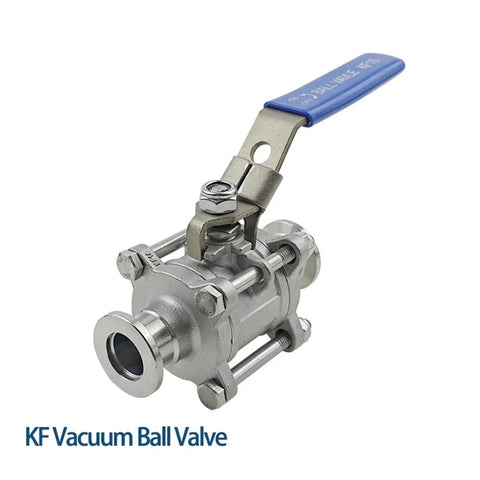 High Vacuum Ball Valve 3-Piece Sanitary Design In 304/316L Stainless Steel Manual Shutoff, side view showing KF connection.
