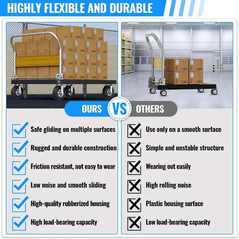 Comparative image showing benefits of our 10 inch pneumatic caster set of 4 with 2 swivel and 2 rigid casters versus other options.