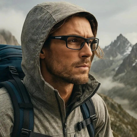 Man hiking in mountains wearing Photochromic Safety Glasses With Readers 1.5 Diopter Wraparound Goggles, focused look.