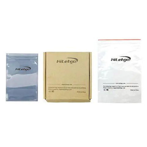 HiLetgo branded packaging including a small blue pouch, a brown cardboard box, and a clear plastic bag.